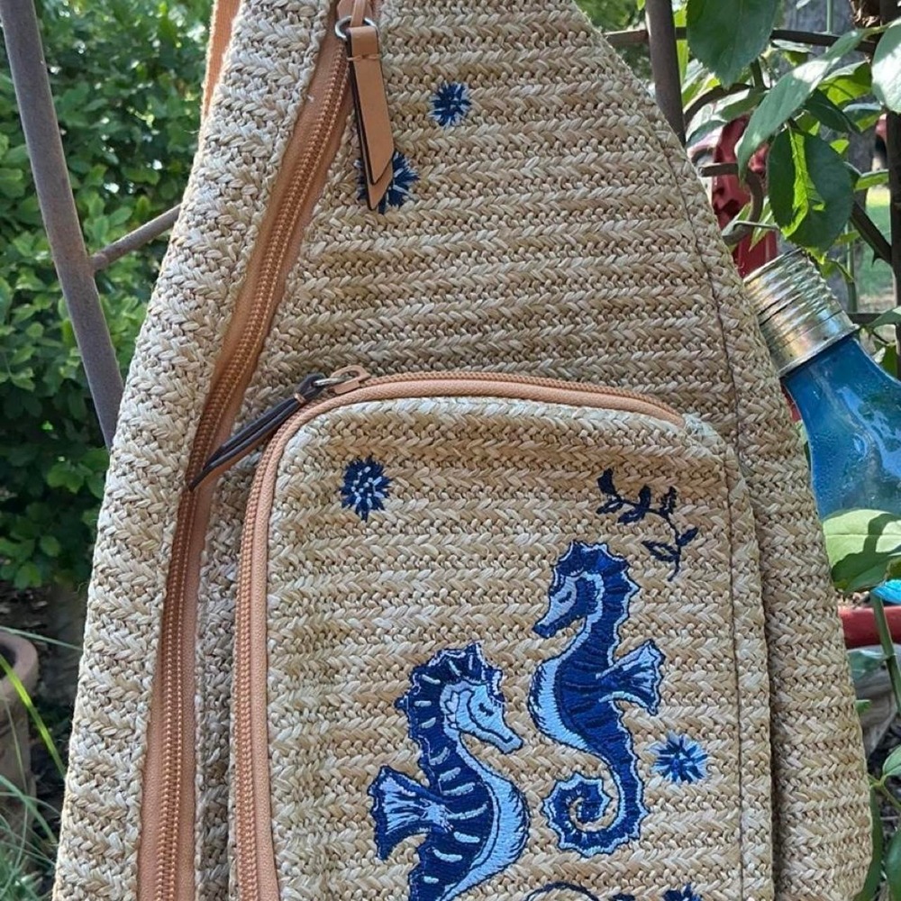 Rare Vera Bradley straw sling backpack, Blue embroidered seahorse and floral